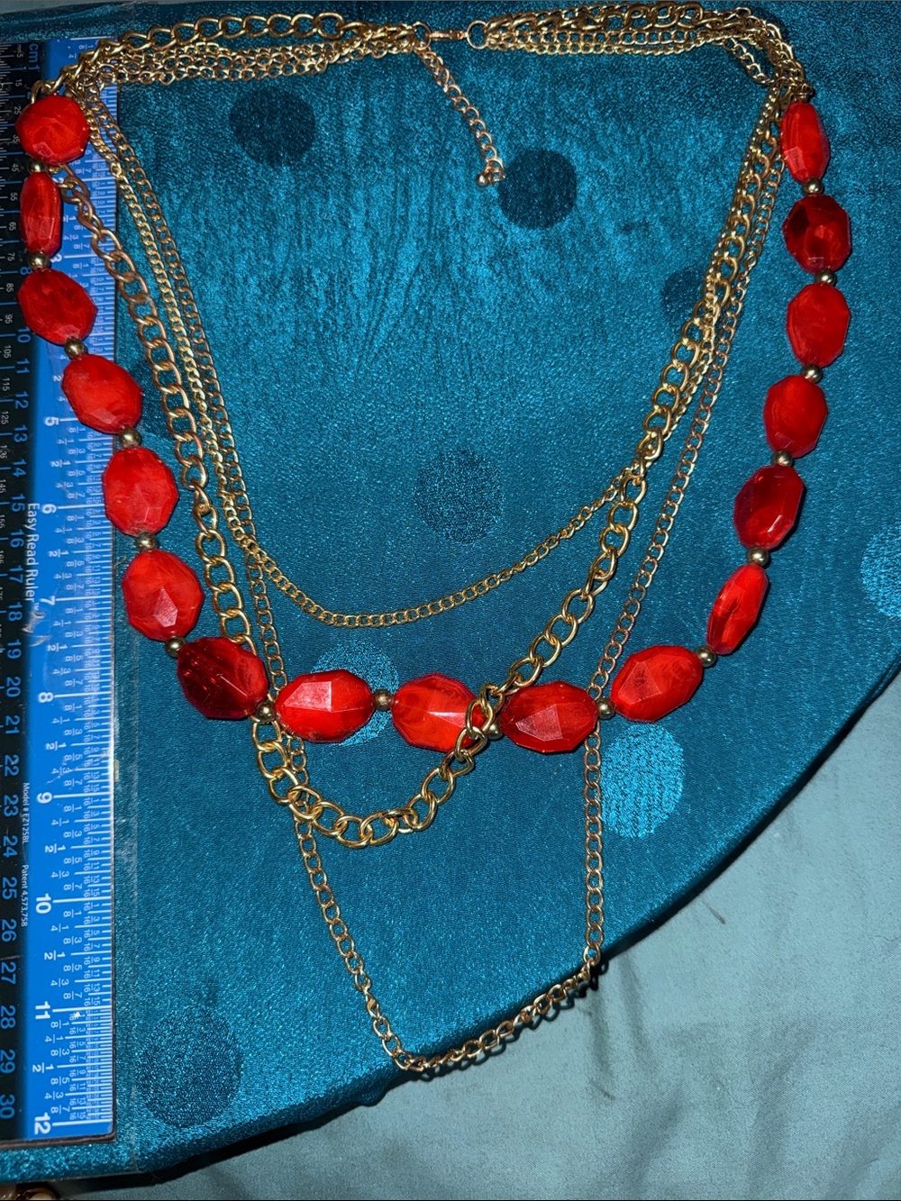 Gold-Tone Multichain Necklace with Red Faceted Beads